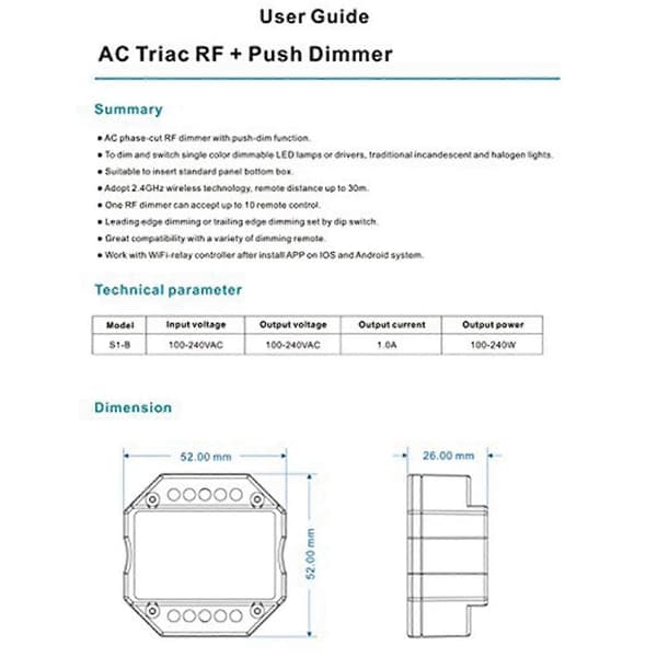 2x AC 110v - 220v S1-b LED Triac RF Lysdæmper Brug 2.4ghz Trådløs 120w-288w Tryk Lysdæmper LED Switch Con
