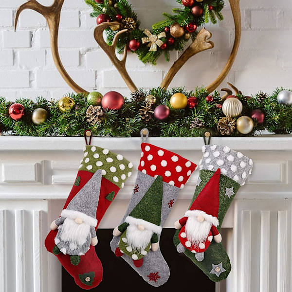Julstrumpa 3-pack, 19 tums 3d-tomtar Santa Julstrumpor