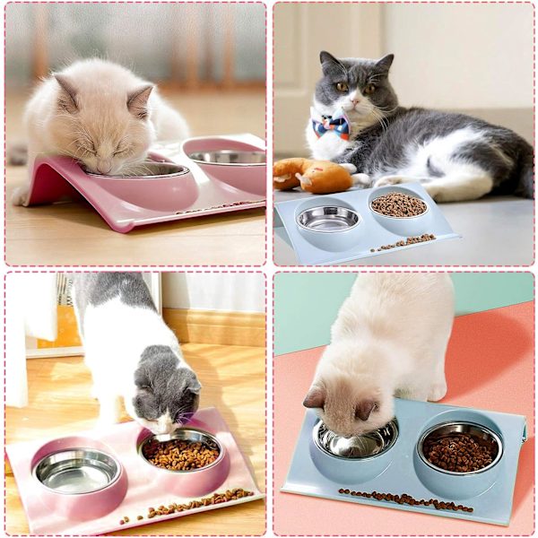 Foderskål katt, dubbel matskål katt, kattskål rostfritt stål halkfri, matskålar kattmat, rostfritt stål katter skålset, foderskål katt