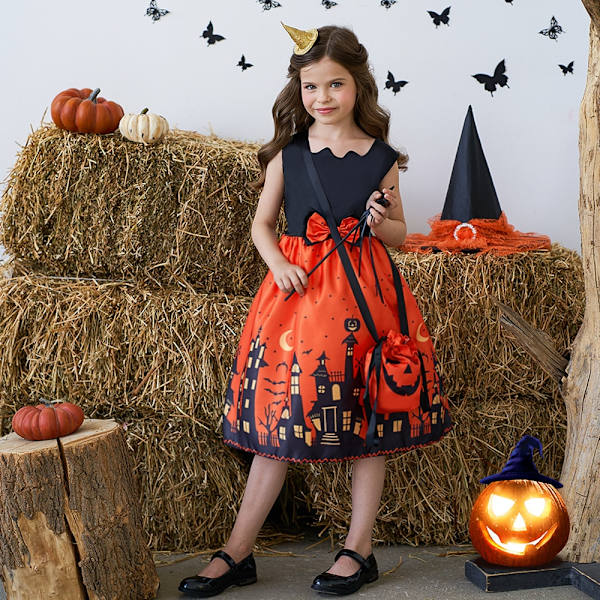 Tjejer Halloween Klänning Semester Casual Häxa Pumpa Cosplay kostym för barn AWS023 Set A Size 110