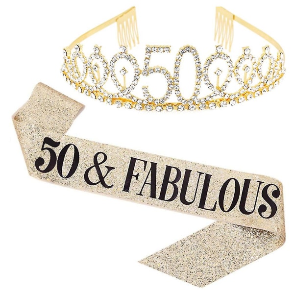 Kvinnor glittrande Rhinestone Brev Print Sash Tiara Set födelsedag Golden 50 Years Old