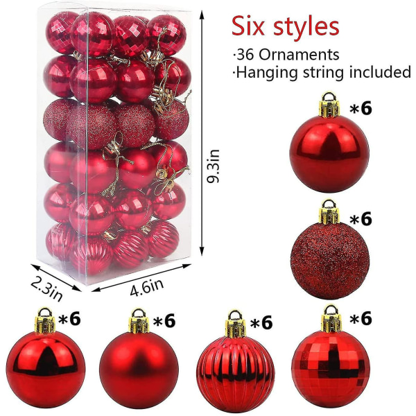 Julkula Sprossningssäker Julgransdekorationsboll Julbollsdekorationer Julbröllopsdekorationsboll 1,6" (4cm) 36-delars set Red