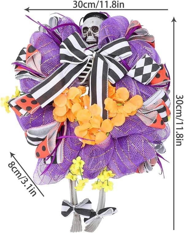 Halloween skräckskalleskelettdörrkrans med randig pilbåge