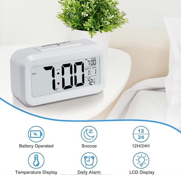 Digital vekkerklokke, batteridrevet vekkerklokke (hvit)