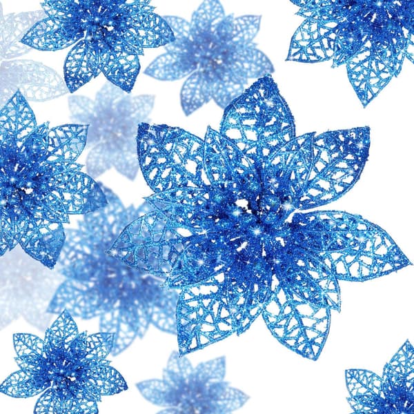 24 stk Christmas Sparkle Julestjerne Blomster Kunstige Blau