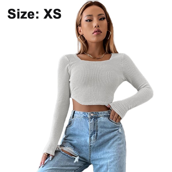 Naisten pitkähihaiset neliöpääntie topit, tiukka seksikäs, useita kokoja white XS