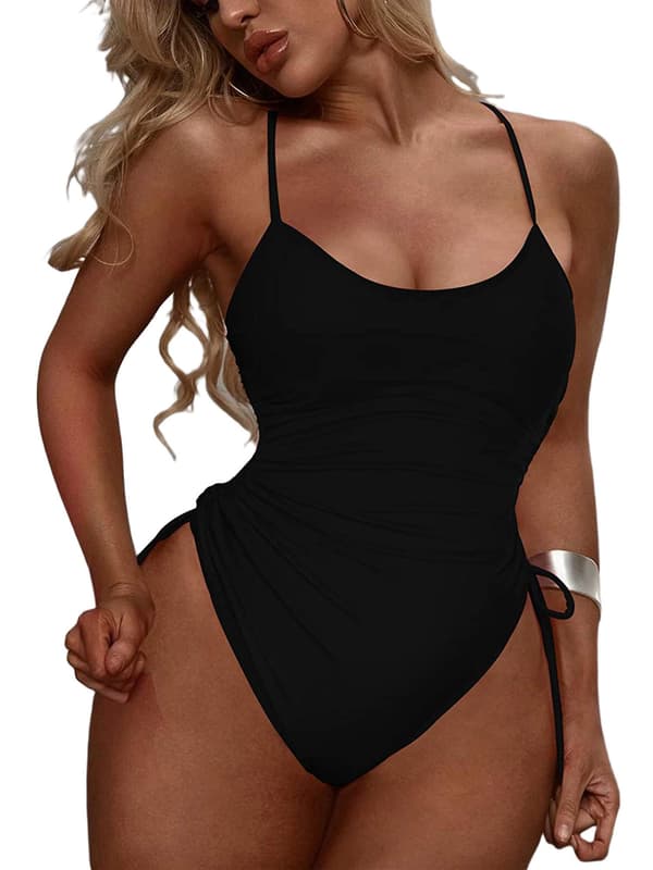 Kvinnors Ruched High Cut One Piece Baddräkt agkontroll onokini Bikini Black M