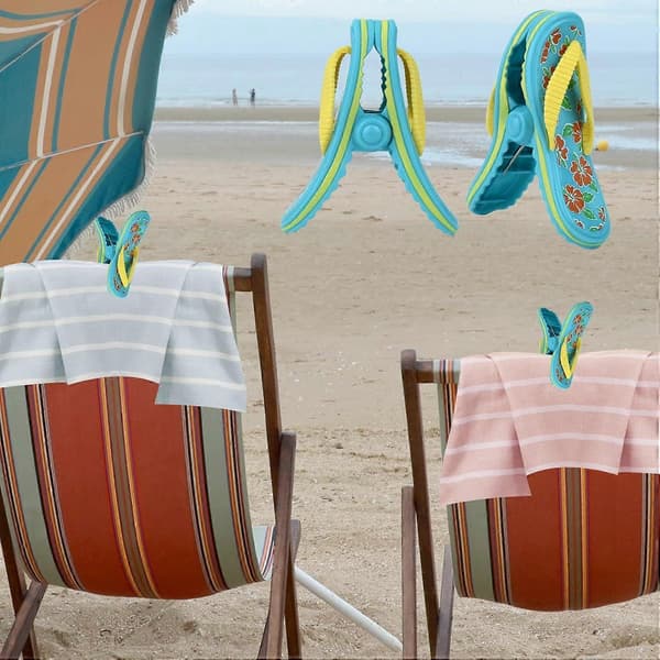 Strandhåndkleklemmer til stol, Jumbostørrelse klesklyper i plast til solseng, Sikre klemmer til strandstoler (Flip-flops 2 STK)