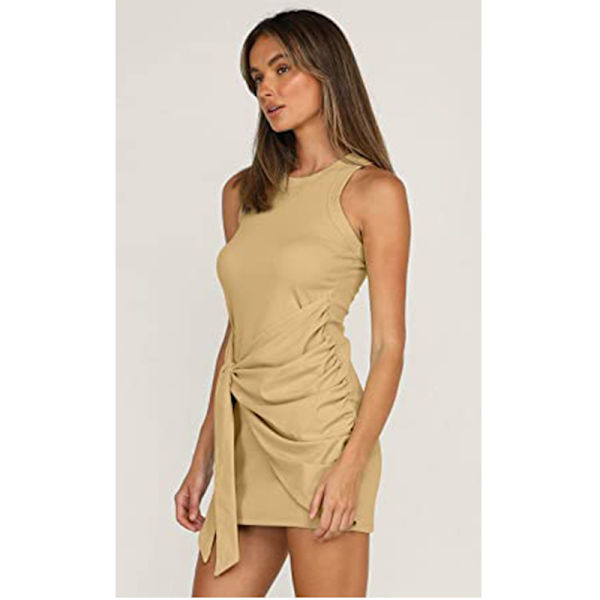 2023 Damer sommar Casual ärmlös strandtankklänning Bodycon Ruched miniklänningar Khaki M