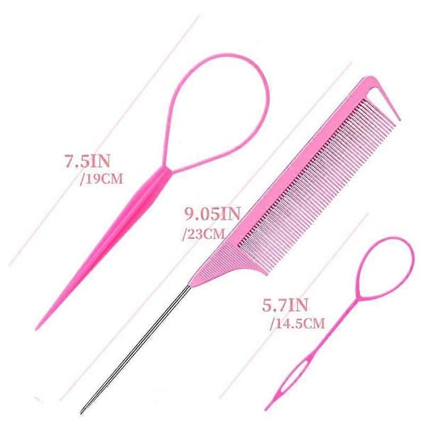2 set Hår Loop Verktygsset med 4 st Franska Fläta Verktyg Loop 2 st Råttsvanskam Metall Pin Tail Flätkam för Hårstyling, Rosa