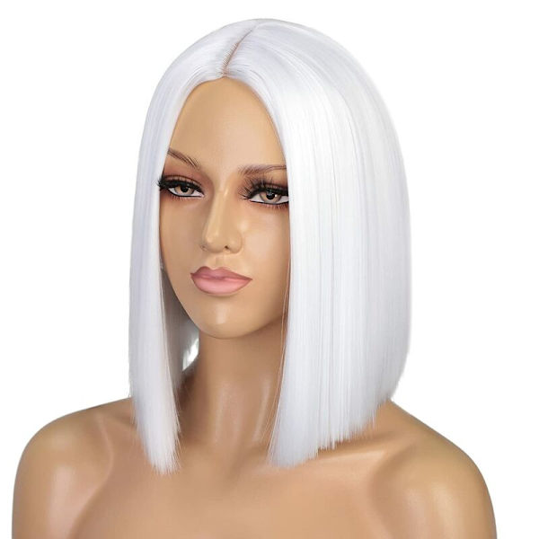 Hvit parykk Kort bob parykker for kvinner 12 tommer Varmebestandig midtskill Rett syntetisk parykk Festkostyme Halloween Cosplay parykk,