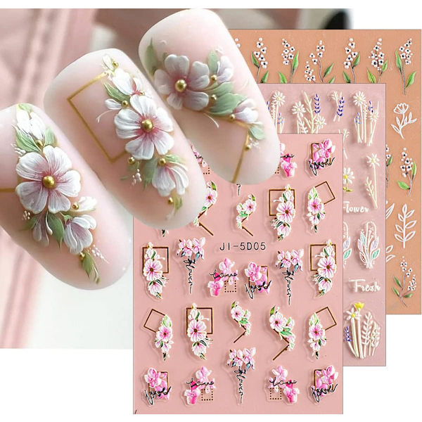 Nageldekal med 3D-präglad blomma och blad, 5D-lim