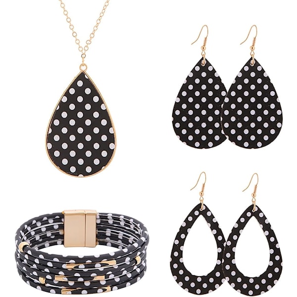 Sæt til kvinder, ternede læderøreringe Halskæde Armbånd Leopard smykker