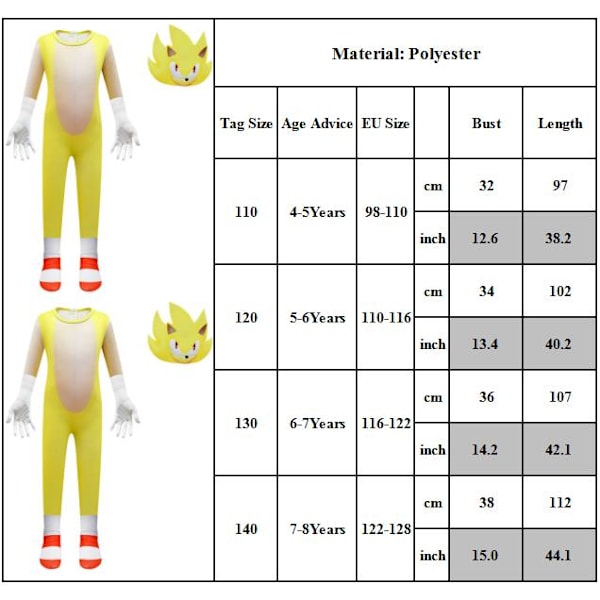 Sonic The Hedgehog kostym för barn Cosplay + Mask Set 110cm