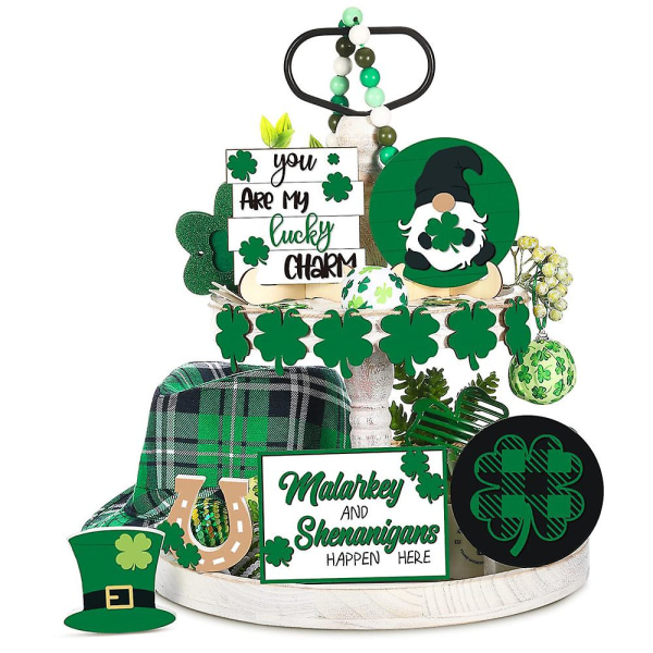 St. Patricks Day-dekorationer - St. Patricks Day-dekor 12 stk. Tiered Brick-dekor, inkluderet nisser, træperler, krans, træskilte, bondegård Spring Ta