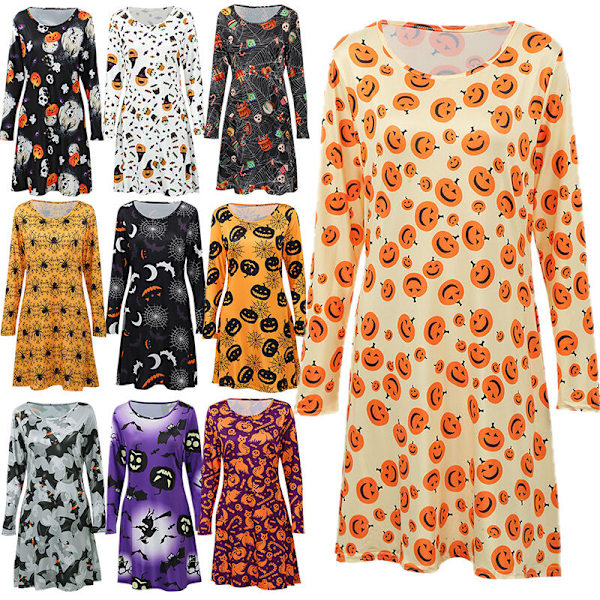 Ny Kvinde Halloween Kjole Græskar Flagermus Print Langærmet Rundhalset Party A-Line Skater Flare Mini Flare Kjole, Model:4-M