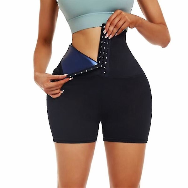 Saunabukser Shorts Dame Vægttab Sweat Leggings Træning Body Shaper Waist Trainer Leggings Slankebukser med knap, blå Tynd