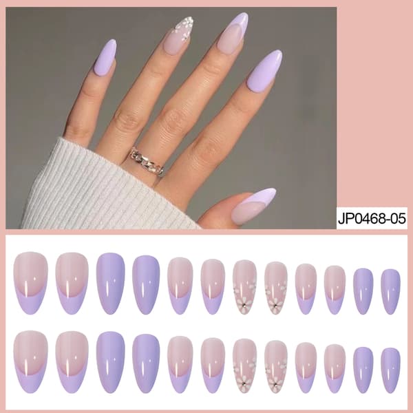 24 stk. Lilla Mandel Kunstige Negle Korte, Medium Press on Nails wit