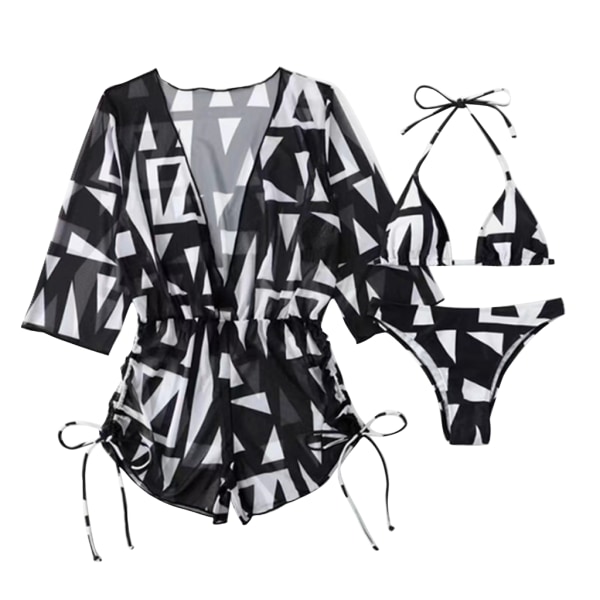 Halter set för kvinnor med cover Sexig spetsad baddräkt ode med print Baddräkt Romper 3 delar Badkläder Black M