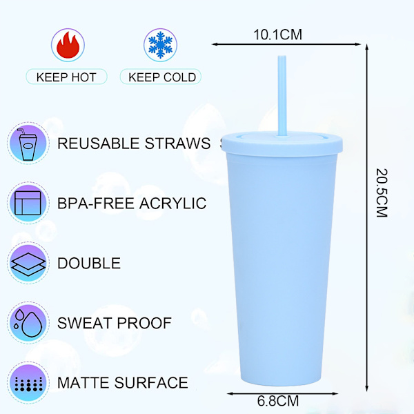 700ml återanvändbar plastmugg, enfärgad med lock och sugrör sky blue