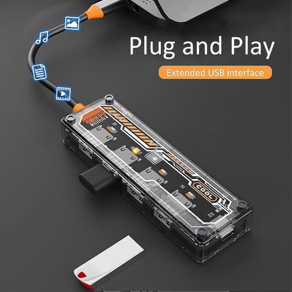 Transparent 4-i-1 USB3.0-hub Plug and Play Multifunktionell dockningsstation 5 Gbps Höghastighetsdataöverföring Ultratunn Multi Splitter-adapter 4 portar