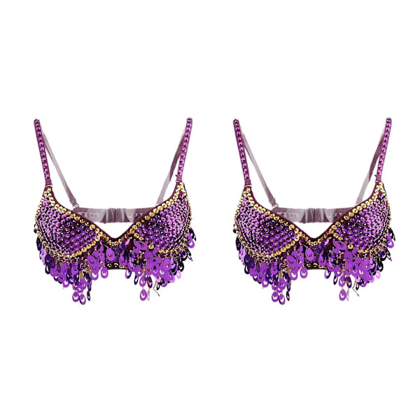 1/2/3 Magdans Perlebesatt BH Paljetter Topp Sexy Dansende Sanger Purple 36 Size 2PCS