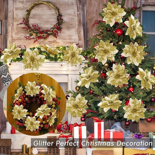 15 ST Guld Julstjerne Blomst Kunstig Julstjerne med Klips Julepynt