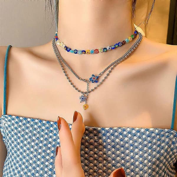 Y2k-kaulakoru, kerrostettu värikäs helmi- ja choker-kaulakoru