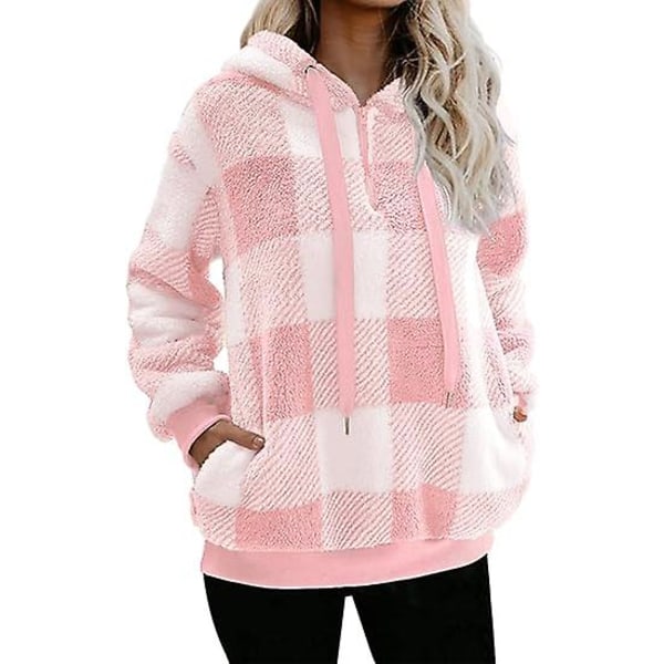 Hoodie i överdimensionerad lammull med fickor, fleecetröja Tie-dye Puffy Coat (rosa och vit rutor) XXL