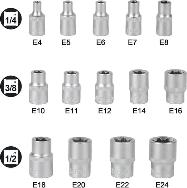 14 deler E-stjerne hunn Torx pipe sett E4-E24 Utvendig sekskantpipe