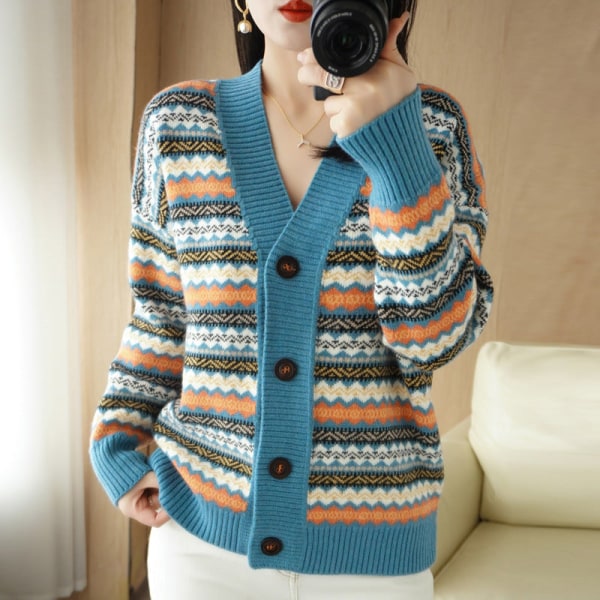 Dam flickor Stickad tröja Koreansk stil V-ringad Etnisk stil Jacquard stickad cardigan Lake Blue XXL