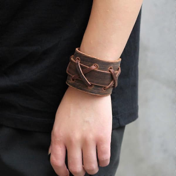 Bredt Ægte Læder Casual Herre Brun Manchet Armring