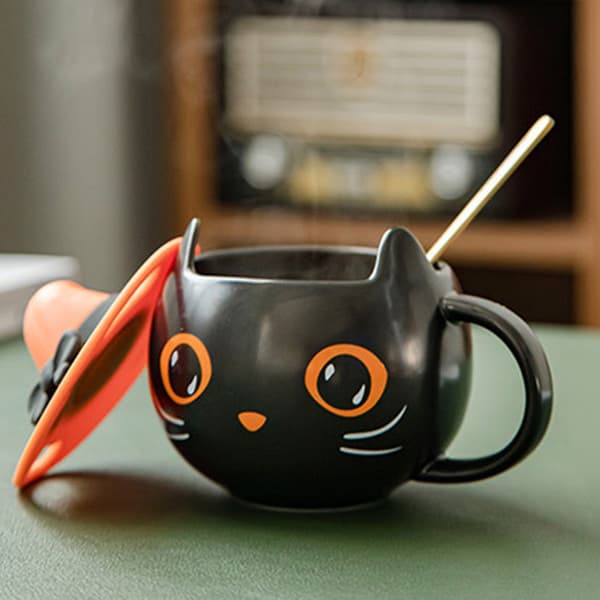 Keramisk söt svart för katt kaffemugg Tekopp Halloween-presenter för kattälskare Cou null - 1