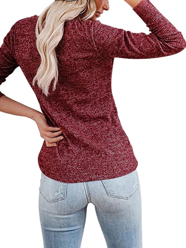 Kvinnor V-ringad Toppar Knapp Henley Skjorta Casual Långärmad Blus Pullover Wine Red XXL