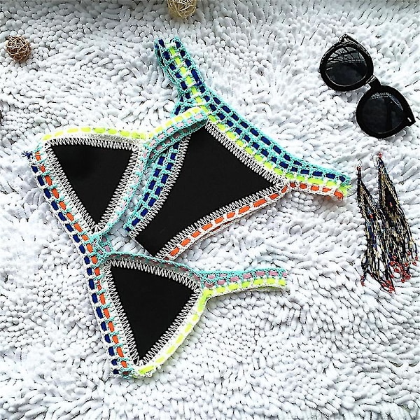 Virkade badkläder för stickade baddräkter för kvinnor Neopren Bikini Beachwear Boho stil baddräkt tvådelade baddräkter Black A L