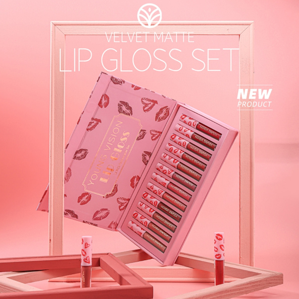 12 stk Damemote sett matt non-stick kopp Langvarig vanntett fløyel fuktighetsgivende lipgloss