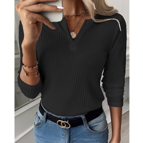 Langærmet V-hals tunika til kvinder til at bære med leggings Loose Fit vaffelstrikkede trøjer black M