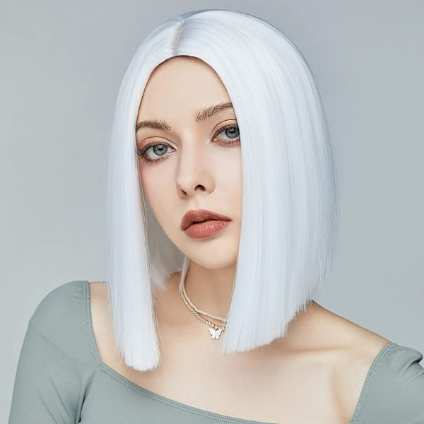 Hvit parykk Kort bob parykker for kvinner 12 tommer Varmebestandig midtskill Rett syntetisk parykk Festkostyme Halloween Cosplay parykk,
