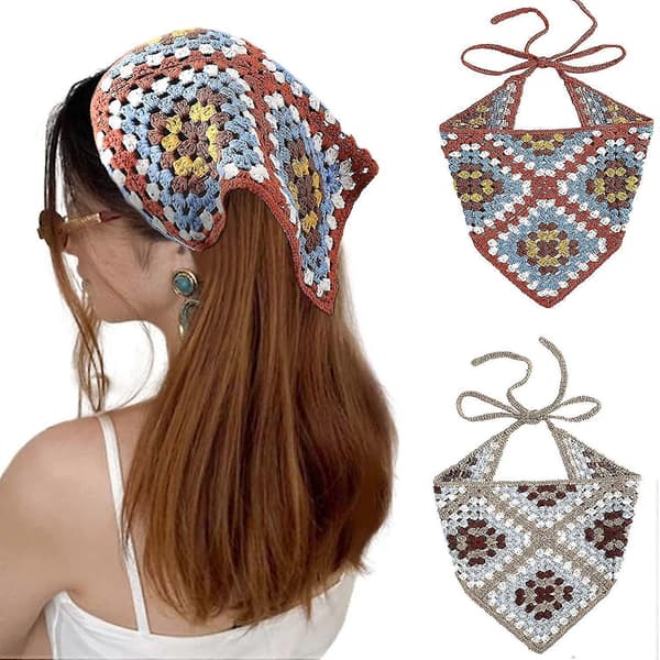 Heklet Bandana Heklet Blomsterhodebånd Damehodebånd (Khaki + Brun) (santanxing)