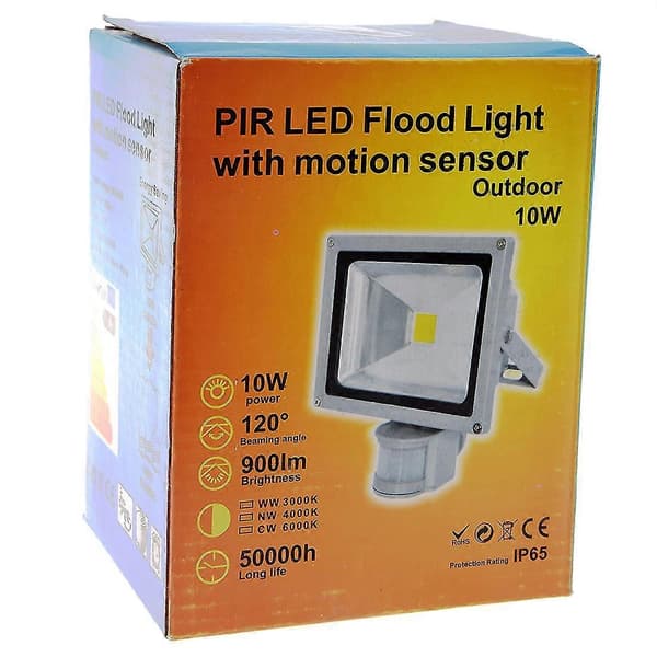 PIR Rörelsesensor Säkerhetsvägg Ren Vit LED Vattentät Strålkastare Lampa 10w