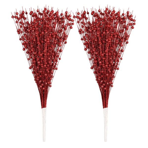 10-pack prydnader med artificiellt glitterbärstam 15,7 tum (röd)
