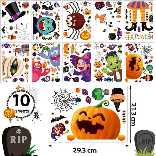 Søte Halloween-vindusklistremerker - Monster Witch Designs (10 ark)