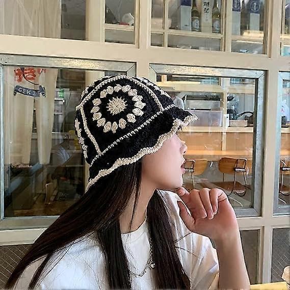 Stickad hatt, retro ihålig blomma handstickad basinhatt, yllehatt