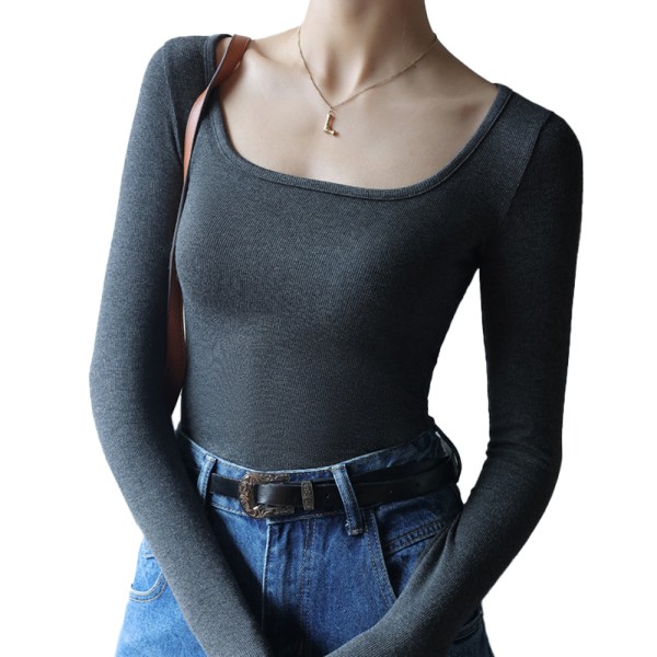 Kvinnlig stickad skjorta långärmad lågskuren Basic Solid Tee
