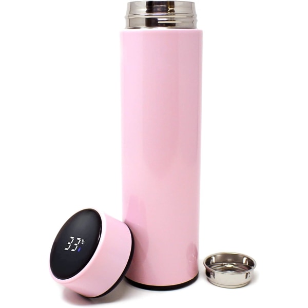 Isolerad vattenflaska Kaffe Te Resemugg Termos Vattenflaska med temperaturdisplay 500mL/16,9 Fl.oz - Håller sig varm eller kall i 12 timmar (rosa)