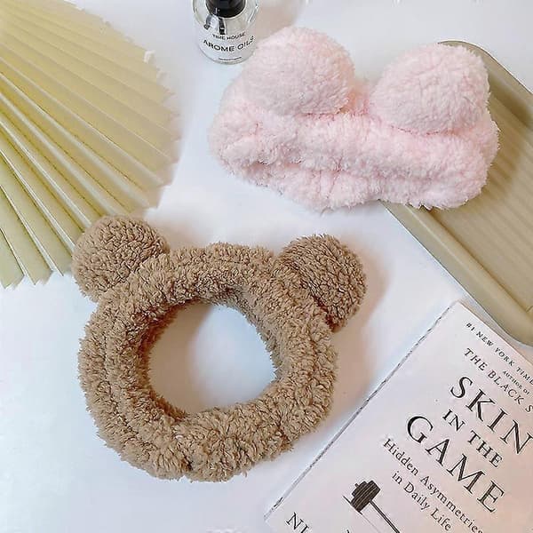 Spa Hårbøjle til Kvinder Piger Ansigtsvask Makeup Sød Hårbøjle med Bjørneører Koreansk Elastisk Fluffy Skønhedstilbehør, Brun