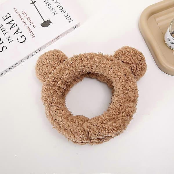 Spa Hårbøjle til Kvinder Piger Ansigtsvask Makeup Sød Hårbøjle med Bjørneører Koreansk Elastisk Fluffy Skønhedstilbehør, Brun