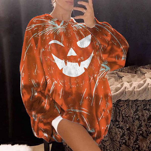 Trykte hettegensere Genser Halloween Tegneserie Spøkelsesansikt Rund Hals Gresskarfarge Løs orange 1 xl
