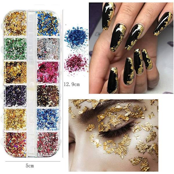Nagelpaljetter, Nageltorkade blommor, Shiny Foil Nailspån, Nail Art Sunmostar