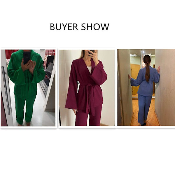 Bomull Kimono Pyjamas Set För Dam Crepe ångärmad Byxa Dam Nattkläder Kostym Dam Hemservice Badrock Black L